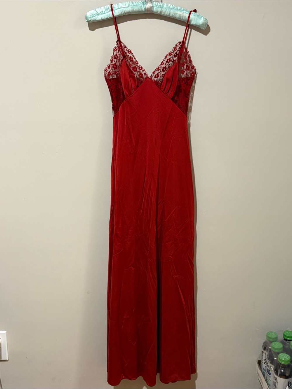 Red lace trim maxi nightgown